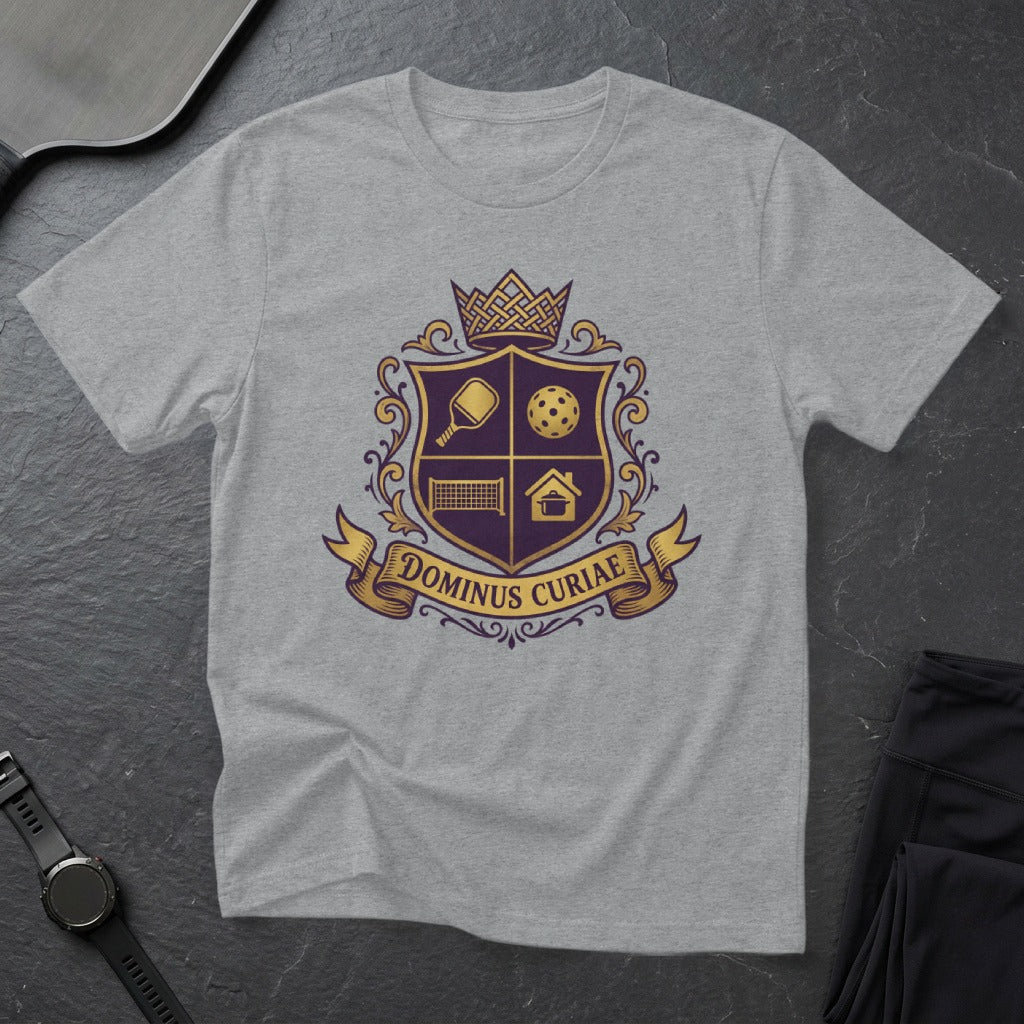 Grey t-shirt featuring a crest with pickleball paddle, net, and ball.