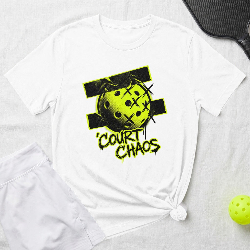 White t-shirt with neon yellow pickleball and "COURT CHAOS" graphic.