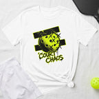 White t-shirt with neon yellow pickleball and "COURT CHAOS" graphic.