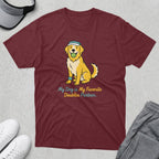 Golden retriever in hat and wristband holding tennis ball, text: My Dog is My Favorite Doubles Partner.