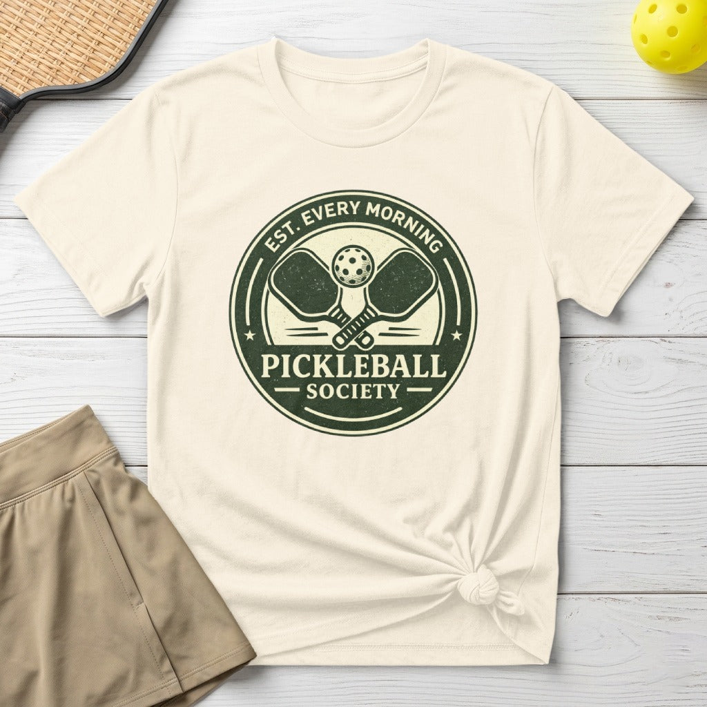 Pickleball Society emblem with paddles and text on a cream t-shirt.