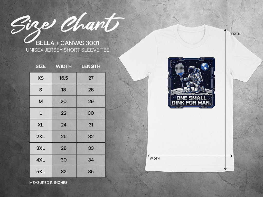 Size chart for Bella + Canvas 3001 t-shirt with a graphic of a pickleball player and text.