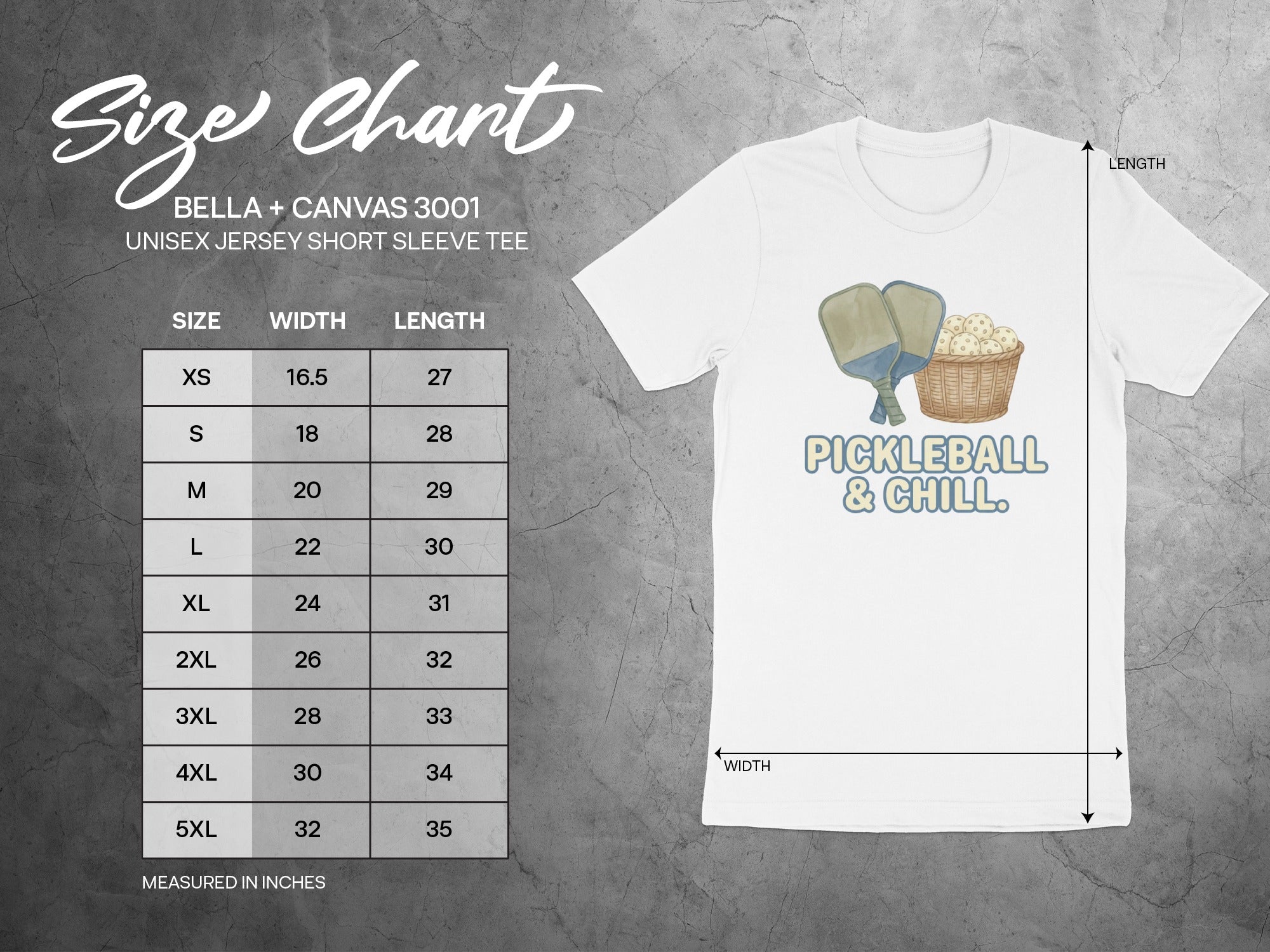 Size chart for Bella + Canvas 3001 unisex short sleeve tee with pickleball graphic.