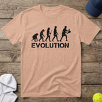 T-shirt with distressed graphic of human evolution progressing to playing pickleball.