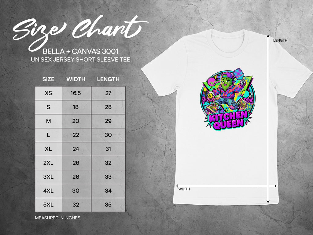 Size chart for Bella + Canvas 3001 unisex t-shirt, "Kitchen Queen" graphic.
