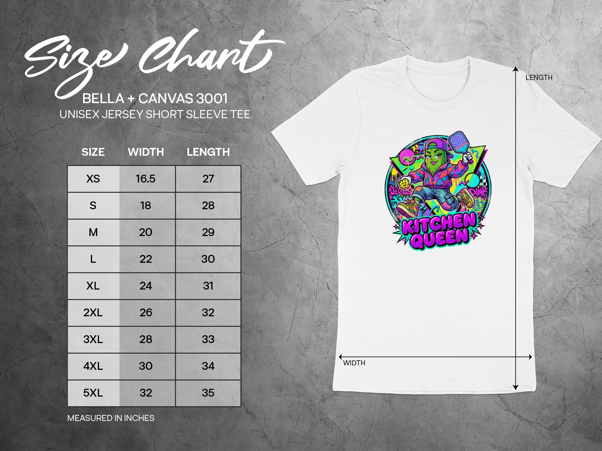 Size chart for Bella + Canvas 3001 unisex t-shirt, "Kitchen Queen" graphic.