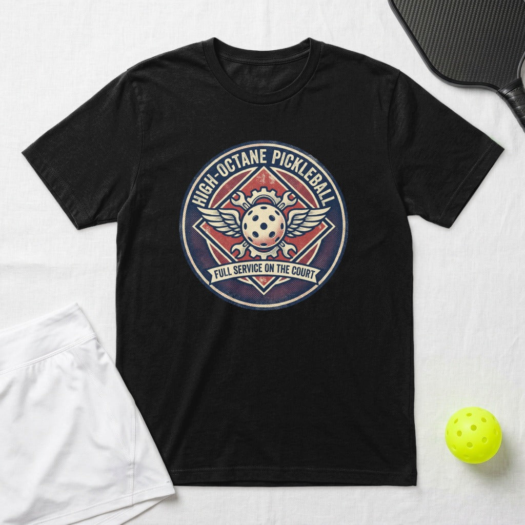 Black t-shirt with "High-Octane Pickleball" logo, featuring wings and a pickleball.