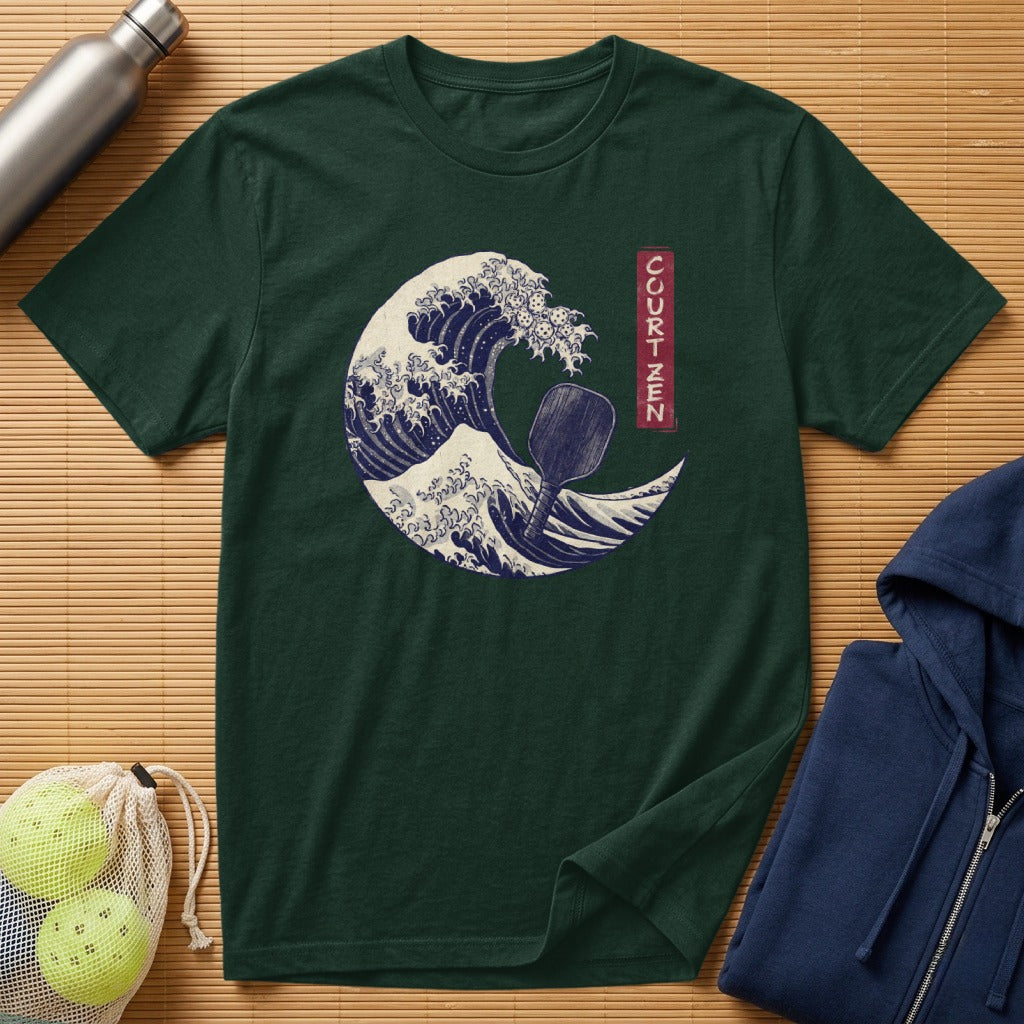Dark green t-shirt with a Japanese wave design and the word COURTZEN.