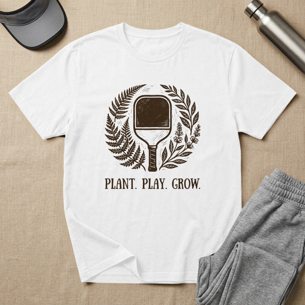 White t-shirt with pickleball paddle and plant design, "PLANT. PLAY. GROW." text.