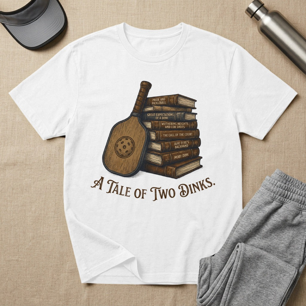 T-shirt with stack of books titled like novels, featuring pickleball terms.