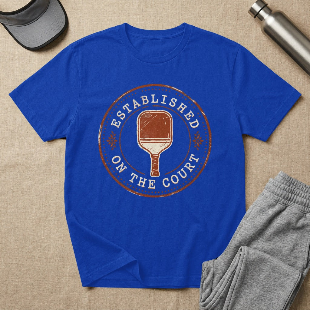 Royal blue t-shirt with a distressed paddle and "Established on the Court" graphic.