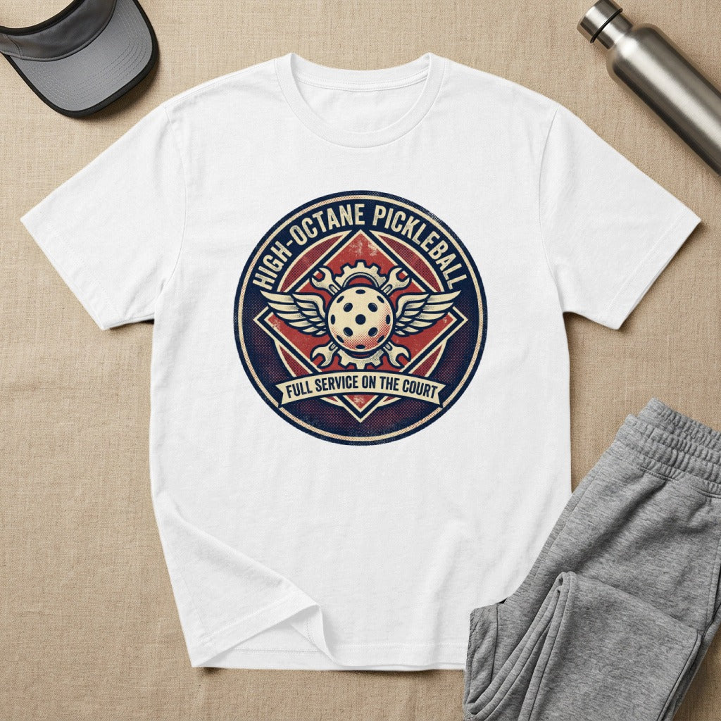 White t-shirt with circular "High-Octane Pickleball" logo and wings.