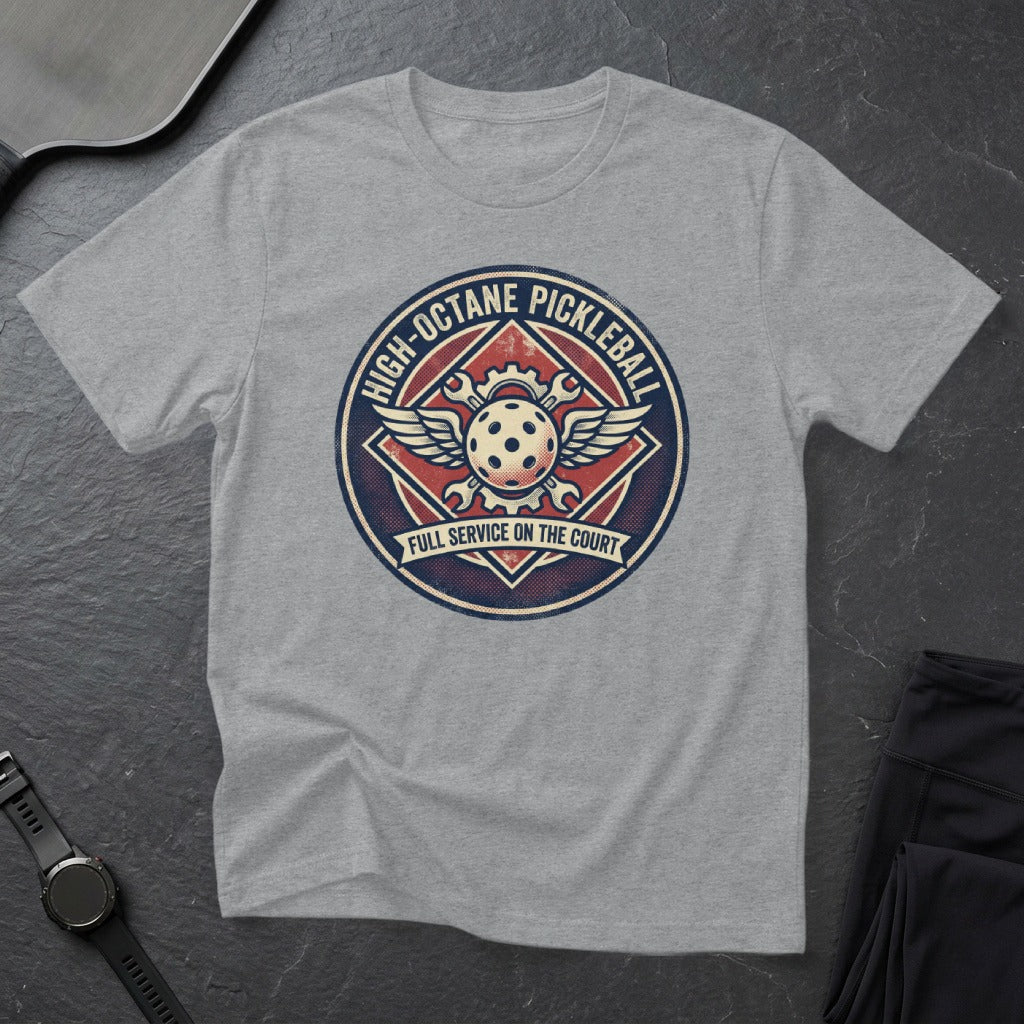 Grey t-shirt with "High-Octane Pickleball Full Service on the Court" graphic.