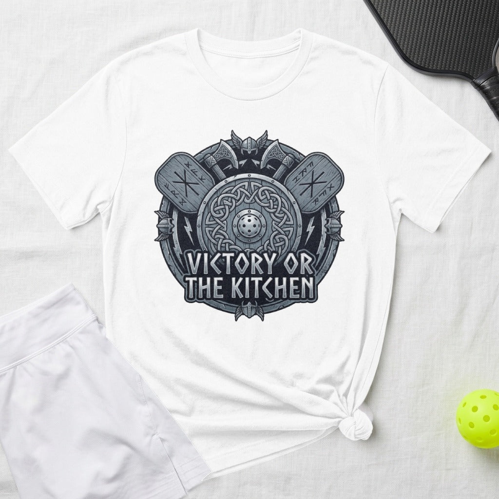 White t-shirt with shield and axe design reading "Victory or the Kitchen".