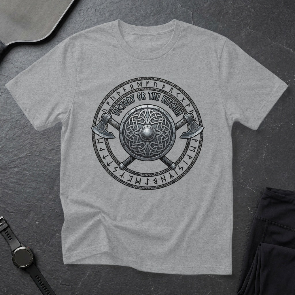 Grey t-shirt with Viking shield, axes, and "Victory or the Kitchen" text.