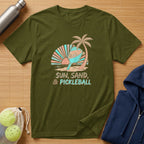 T-shirt with "Sun, Sand, & Pickleball" text and a beach scene graphic.