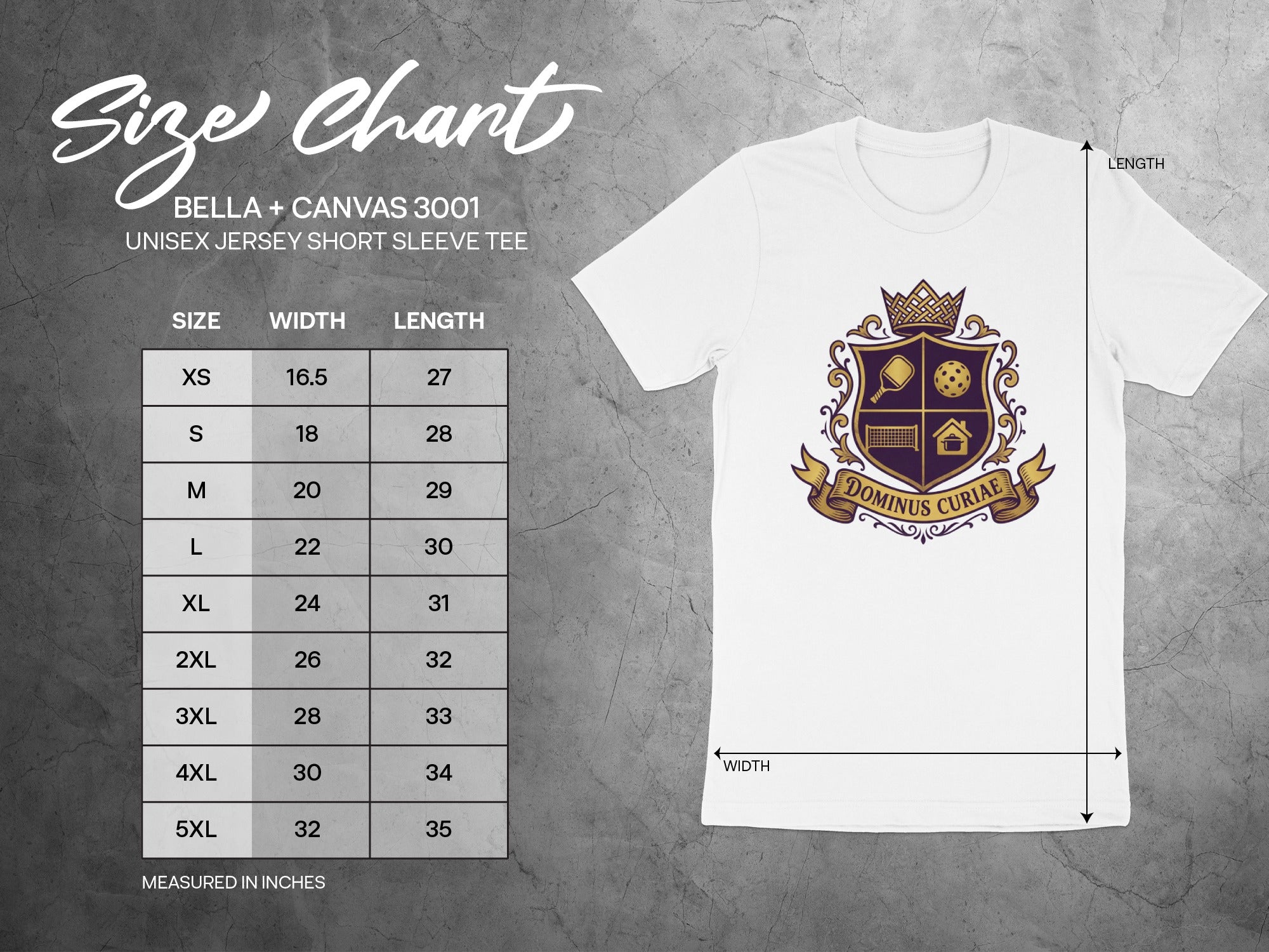 Size chart for Bella + Canvas 3001 unisex t-shirt with measurements.
