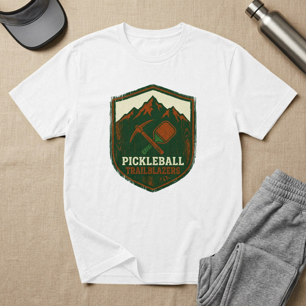 Shield logo with pickleball paddle, pickaxe, and "Pickleball Trailblazers" text.