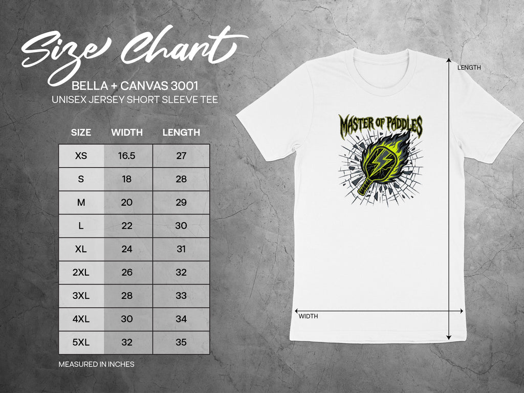T-shirt size chart with "Master of Paddles" graphic and measurements.