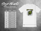 T-shirt size chart with "Master of Paddles" graphic and measurements.