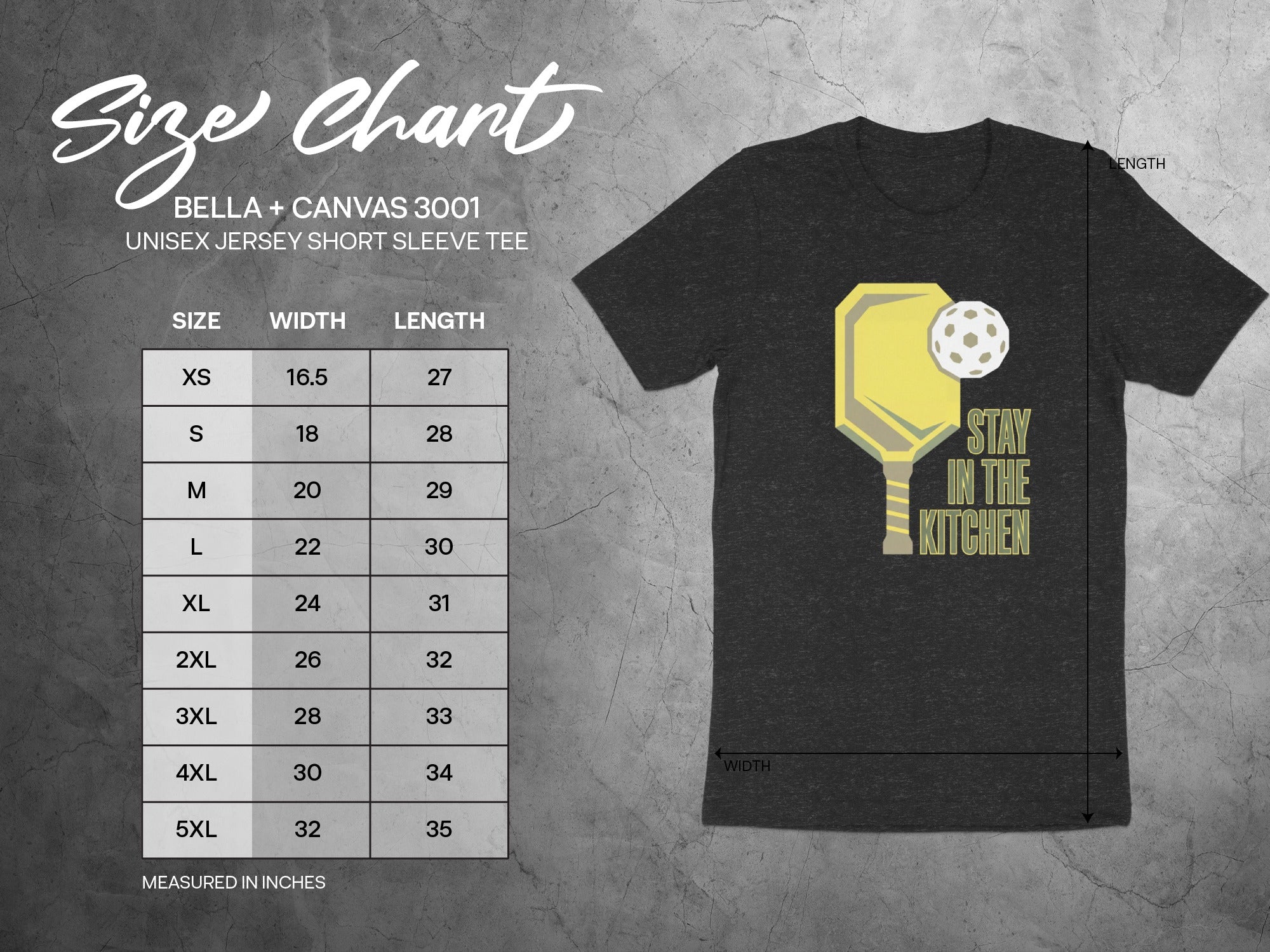 Bella + Canvas 3001 unisex size chart with pickleball graphic.