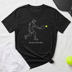 Black t-shirt with white line drawing of a pickleball player and the text "the art of the dink."