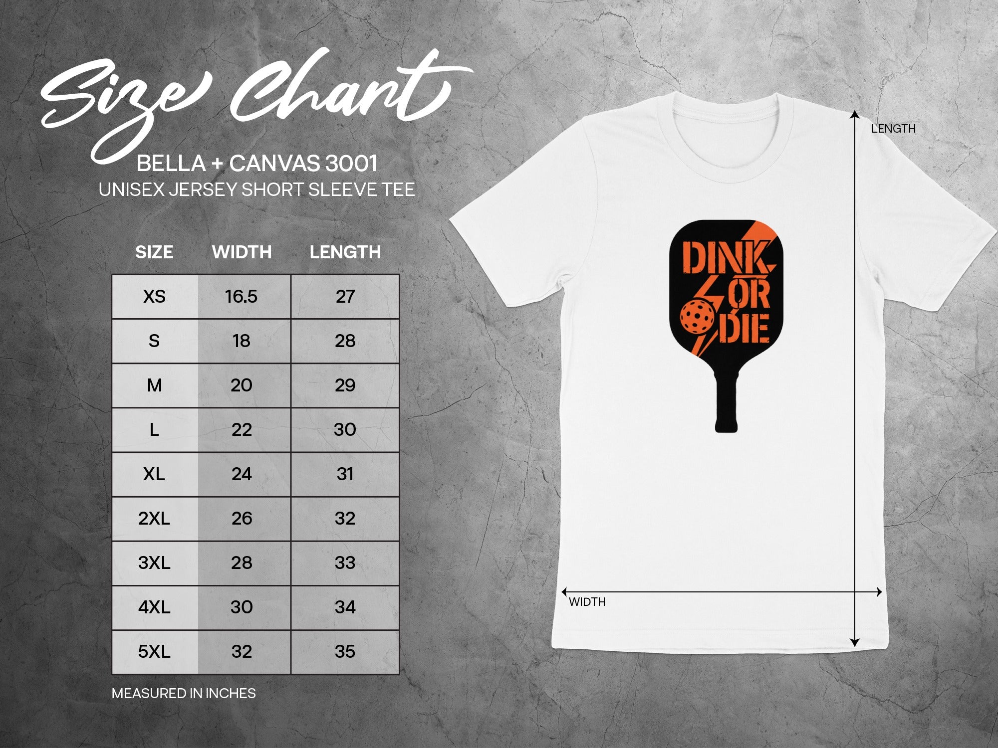 Bella + Canvas unisex t-shirt size chart with DINK OR DIE graphic.