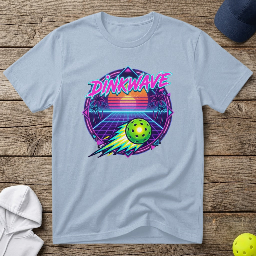 Dinkwave pickleball shirt with neon retro sunset and flying pickleball.