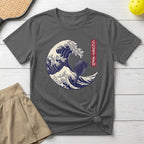 Charcoal t-shirt with a Japanese wave design and pickleball paddle.