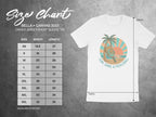 Bella + Canvas 3001 size chart showing unisex t-shirt dimensions and Sun, Sand, & Pickleball graphic.