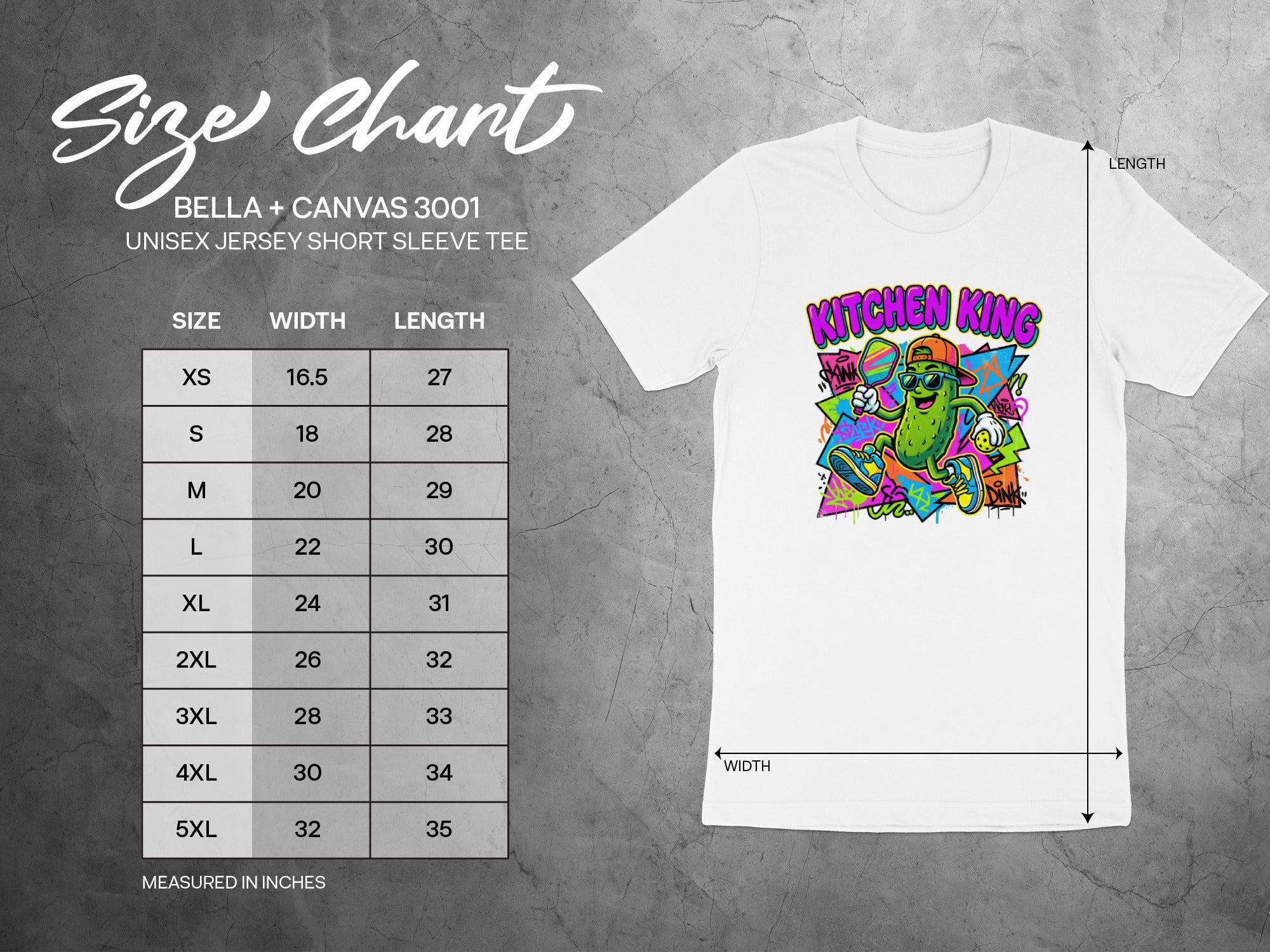 Bella + Canvas 3001 unisex t-shirt size chart with measurements.