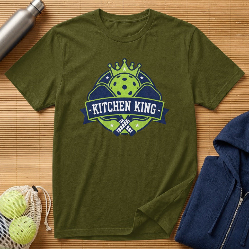 Green t-shirt with "Kitchen King" pickleball logo featuring rackets and a ball.