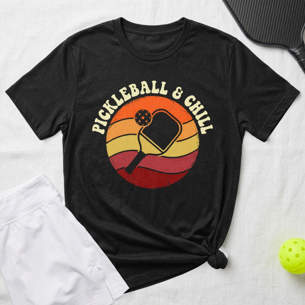 Black t-shirt with "Pickleball & Chill" text and graphic.