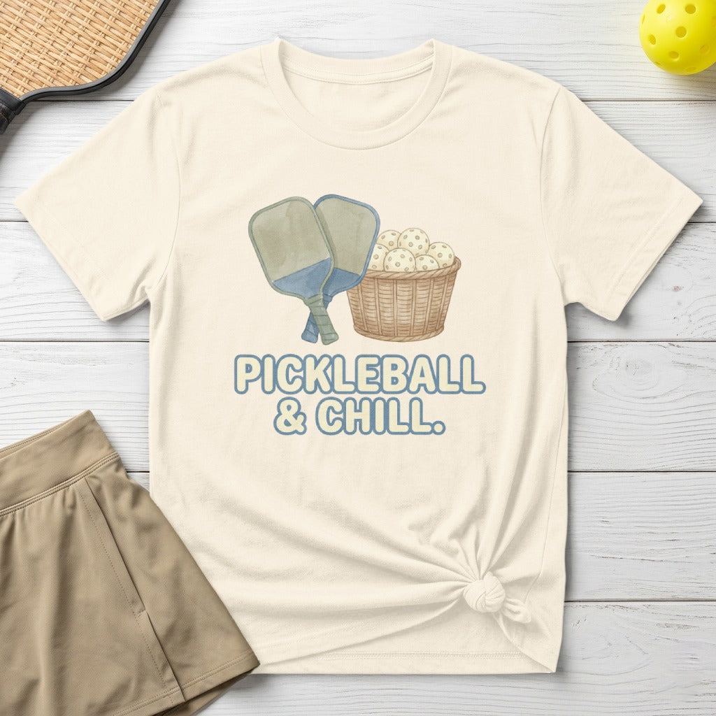 Cream t-shirt with "Pickleball & Chill" and basket of pickleballs graphic.