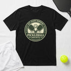 Black t-shirt with vintage "Pickleball Society" logo and crossed paddles.