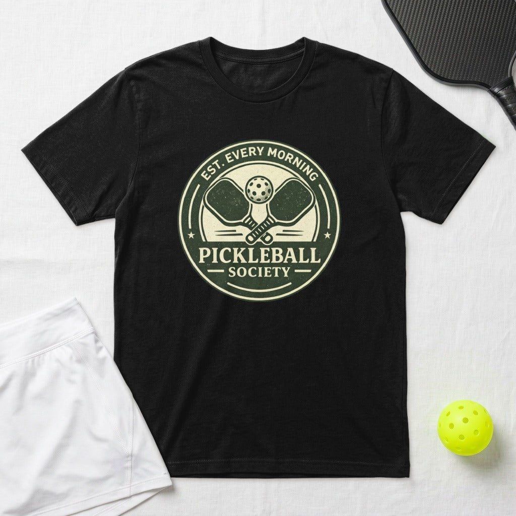 Black t-shirt with vintage "Pickleball Society" logo and crossed paddles.