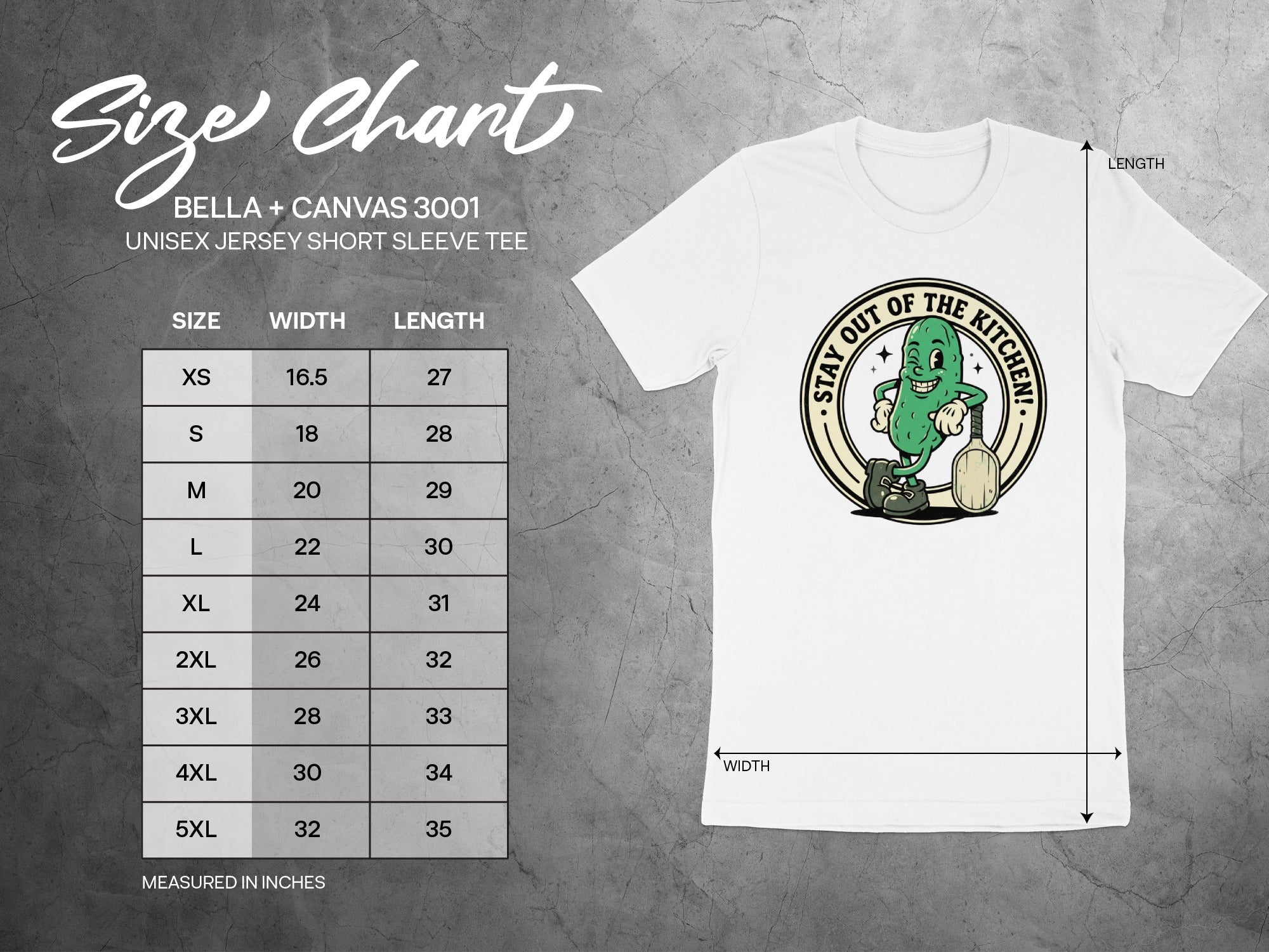 Bella + Canvas 3001 size chart for unisex jersey short sleeve tee.