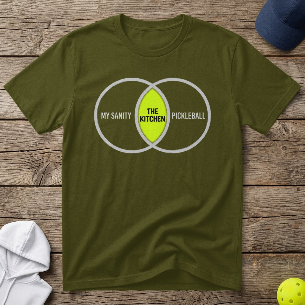Olive t-shirt with Venn diagram showing "My Sanity" and "Pickleball" overlapping.