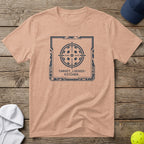 Peach t-shirt with "TARGET_LOCKED: KITCHEN." graphic in a tech-style frame.