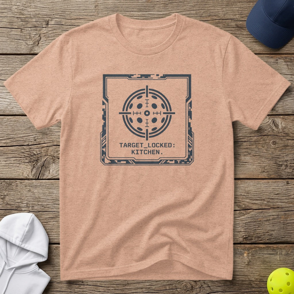 Peach t-shirt with "TARGET_LOCKED: KITCHEN." graphic in a tech-style frame.