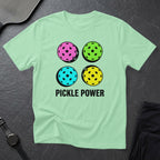 T-shirt with four colorful pickleballs and "Pickle Power" text.