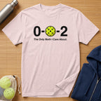 Pink t-shirt with "0-0-2 The Only Math I Care About." and pickleball graphic.