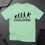 T-shirt with "EVOLUTION" text and a silhouette of human evolution, ending with a person playing squash.