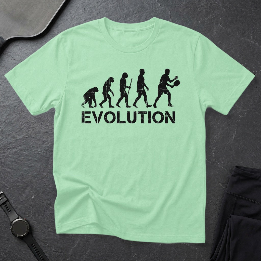 T-shirt with "EVOLUTION" text and a silhouette of human evolution, ending with a person playing squash.