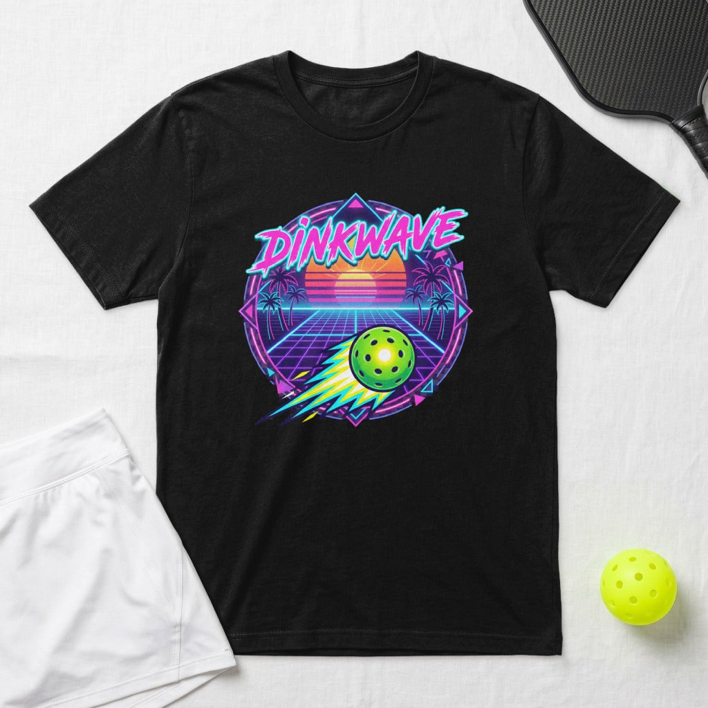 Black t-shirt with "Pinkwave" and retro sunset pickleball graphic.