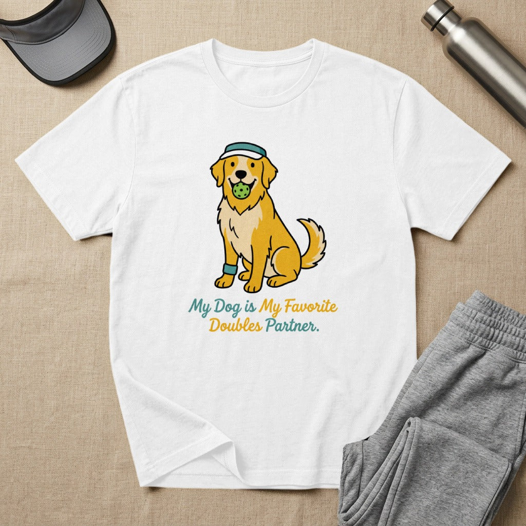 Golden retriever wearing a blue hat holds a green ball in its mouth.