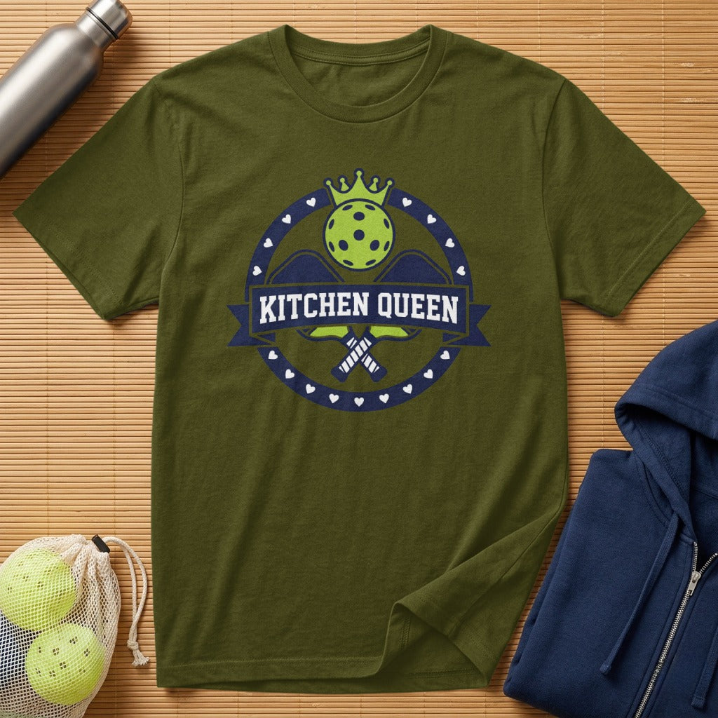 Olive green t-shirt with "Kitchen Queen" and pickleball graphics.