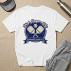 White t-shirt with distressed "Dink Responsibly Pickleball Social Club" graphic.