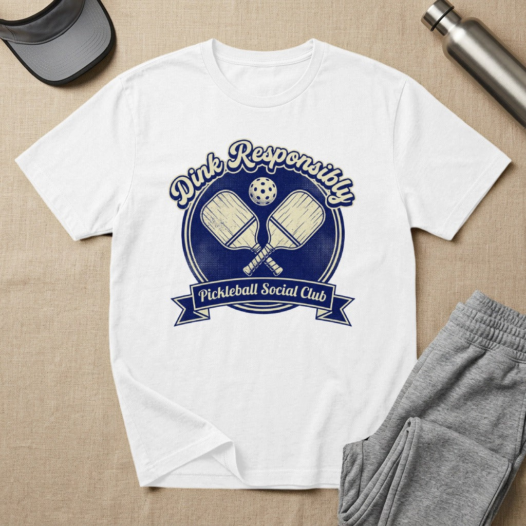 White t-shirt with distressed "Dink Responsibly Pickleball Social Club" graphic.