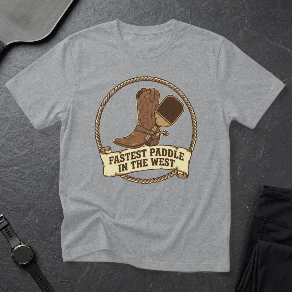 Brown cowboy boot and pickleball paddle in rope circle, "Fastest Paddle in the West" banner.